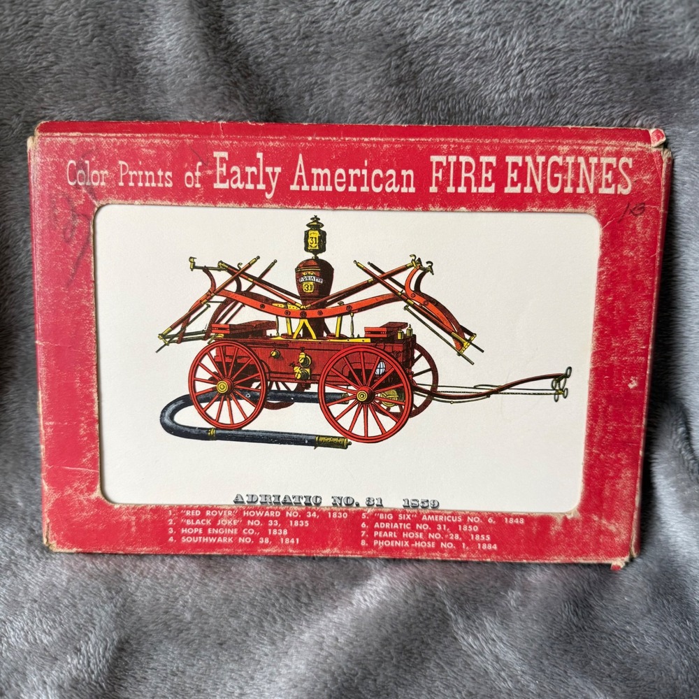 Vintage 1952 Color Prints Early American Fire Engines Set Autoprints N.Y. in Box